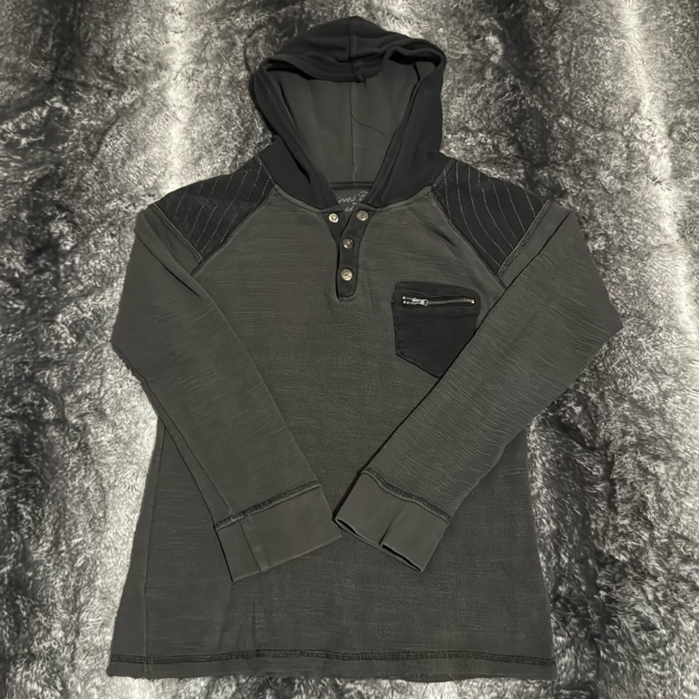 Boys’ Hoodie. Lightweight. Distressed bottom. Buttons. Zipper pocket. Size S.